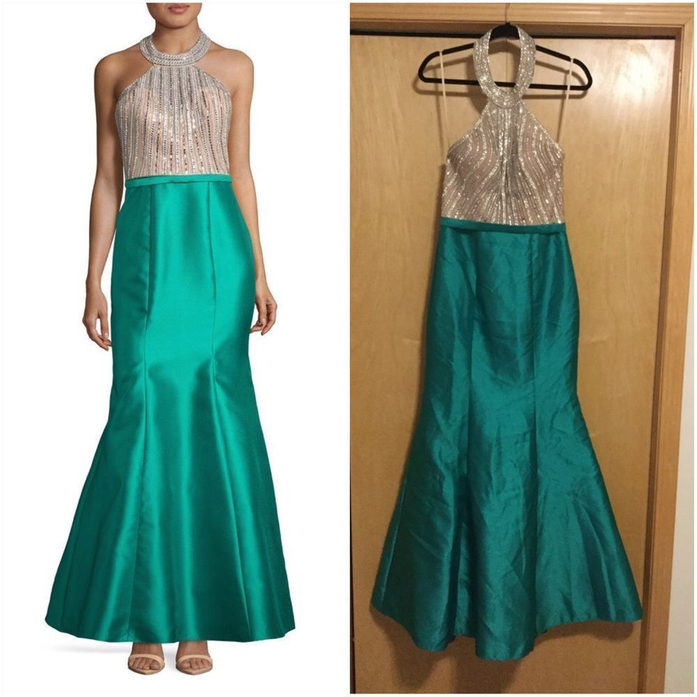 Xscape Green Embellished Halter Mermaid Go…